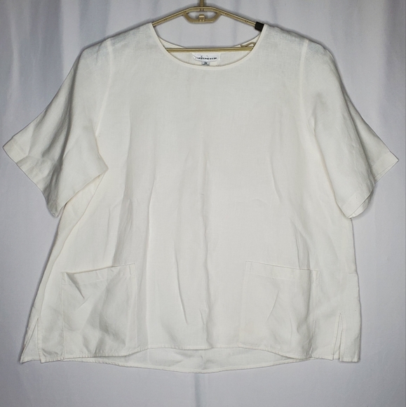 Caroline Rose Linen Top Womens 3X White Short Sleeve Pocket Boho Coastal Minimal - Picture 1 of 9